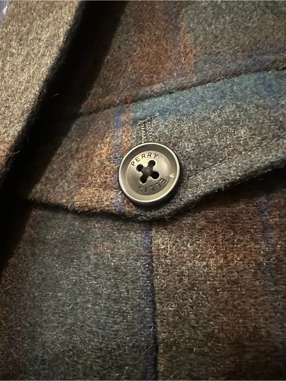 Perry Ellis 50% Wool Grey Blue Brown Plaid Fall Winter Slim Fit Blazer Jacket
